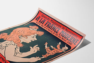 Vintage poster “À la France moderne, Lyon” on a curled sheet, shown in perspective.