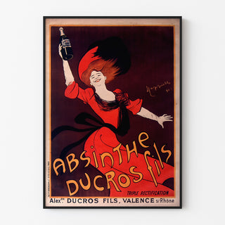 Póster publicitario vintage Absinthe Ducros, presentado en un marco delgado sobre una pared clara.