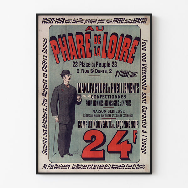 Póster publicitario vintage Au Phare de la Loire, moda, enmarcado en una pared clara con marco fino.