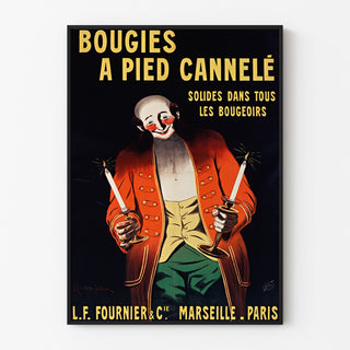 Póster publicitario vintage Bougies Fournier, presentado en un marco fino sobre una pared clara.