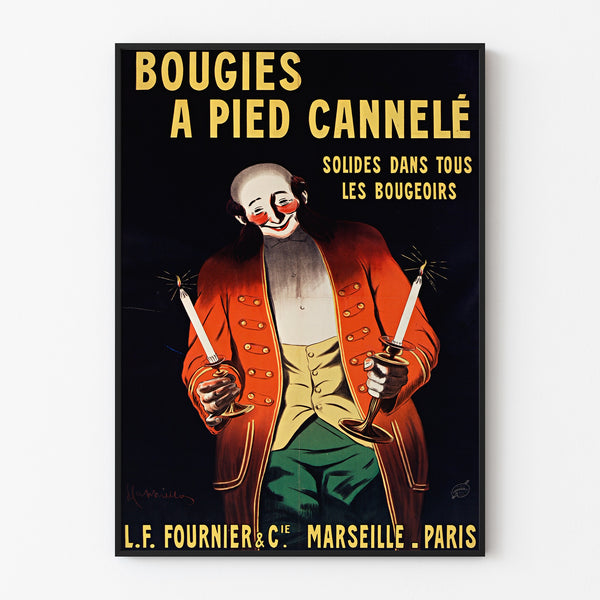 Póster publicitario vintage Bougies Fournier, presentado en un marco fino sobre una pared clara.