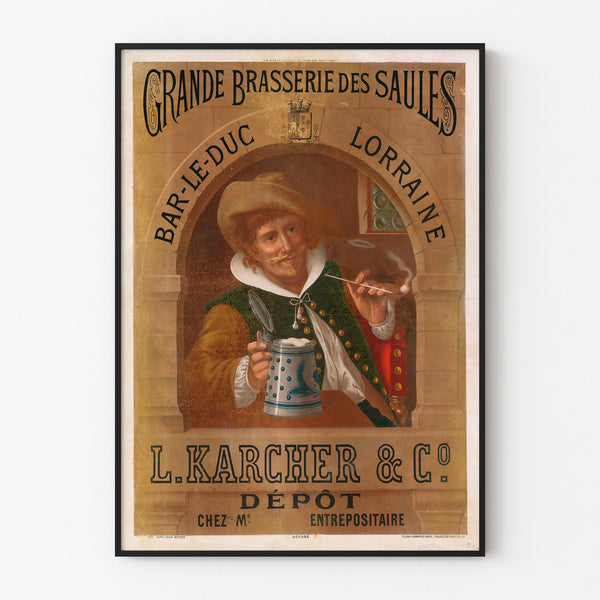 Póster publicitario vintage Brasserie des Saules, Bar-le-Duc, presentado en un marco fino sobre una pared clara.