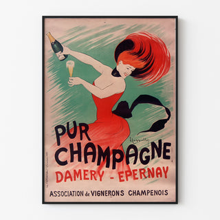 Póster publicitario vintage Champagne Damery-Épernay, presentado en un marco fino sobre una pared clara.