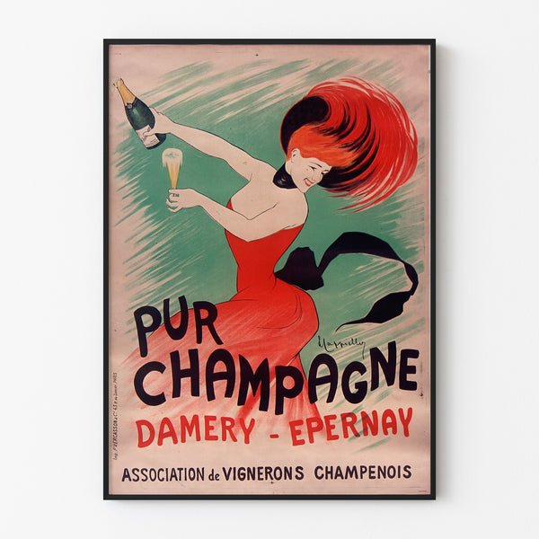 Póster publicitario vintage Champagne Damery-Épernay, presentado en un marco fino sobre una pared clara.