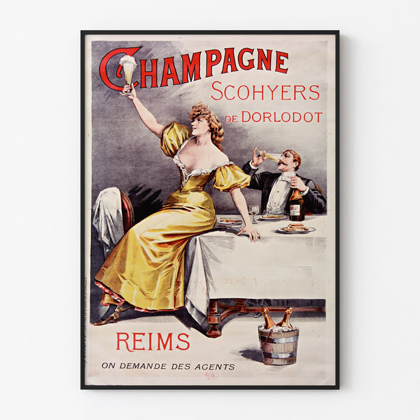 Cartel publicitario vintage Champagne Scohyers de Dorlodot, presentado en un marco fino sobre una pared clara.