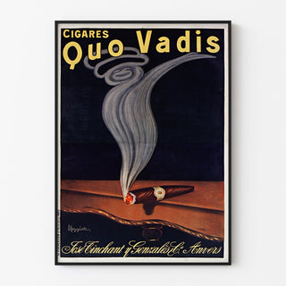 Póster publicitario vintage Cigarros Quo Vadis, presentado en un marco delgado sobre una pared clara.