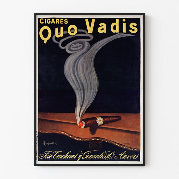 Póster publicitario vintage Cigarros Quo Vadis, presentado en un marco delgado sobre una pared clara.