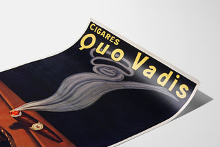 Póster publicitario vintage Cigarros Quo Vadis, presentado sobre una hoja curvada en perspectiva.