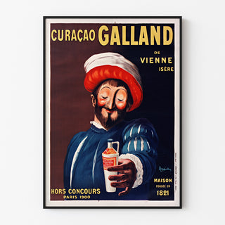 Póster publicitario vintage Curaçao Galland, presentado en un marco fino sobre una pared clara.