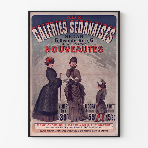 Póster publicitario vintage Galeries sedanaises, nouveautés, presentado en un marco fino sobre una pared clara.
