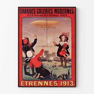 Póster publicitario vintage Grandes Galeries modernes, Agen, enmarcado en una pared clara con marco fino.