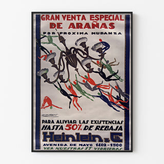 Póster publicitario vintage Heinlein, lámparas colgantes, enmarcado en un marco delgado sobre una pared clara.