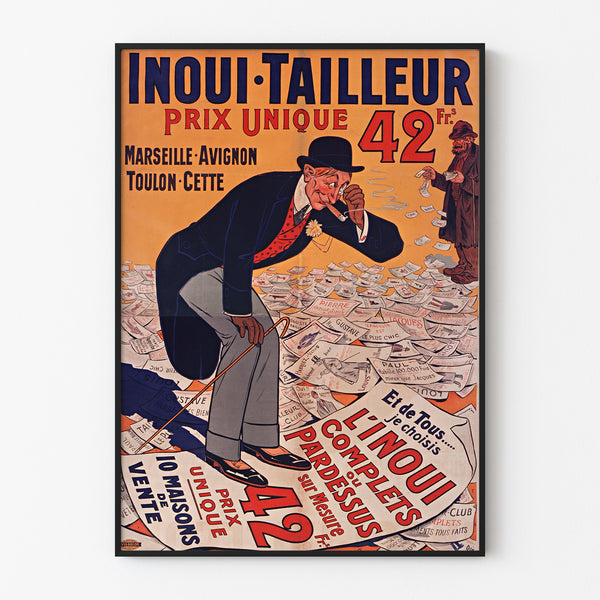 Vintage advertisement poster Inoui-Tailleur, shown in a slim frame on a light wall.