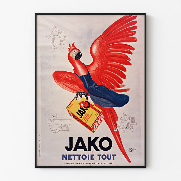 Vintage Jako Cleans Everything advertising poster, displayed in a slim frame on a light wall.