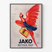 Póster publicitario vintage Jako limpia todo, presentado en un marco delgado sobre una pared clara.
