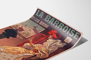 Póster publicitario vintage La Barroise, presentado sobre una hoja curvada, visto en perspectiva.