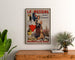 Vintage advertising poster La Messine, liqueur, framed above a wooden dresser between plants.