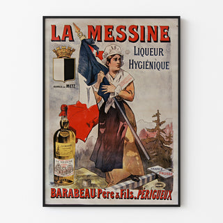 Vintage advertising poster La Messine, liqueur, displayed in a slim frame on a light wall.