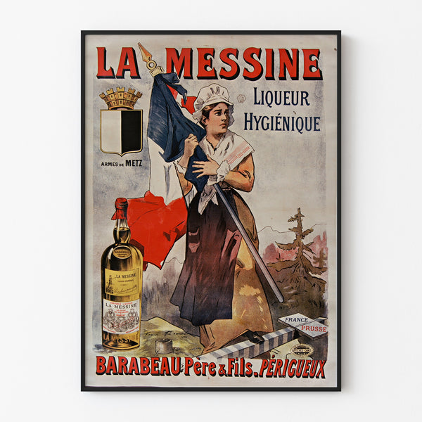 Vintage advertising poster La Messine, liqueur, displayed in a slim frame on a light wall.