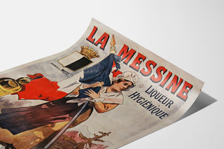 Vintage advertising poster La Messine, liqueur, shown on a curled sheet, perspective view.