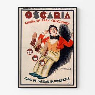 Póster publicitario vintage Oscaria, calzado, presentado en un marco delgado sobre una pared clara.