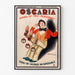 Póster publicitario vintage Oscaria, calzado, presentado en un marco delgado sobre una pared clara.