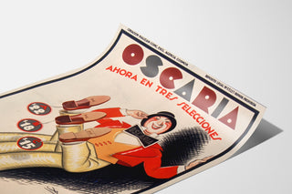 Póster publicitario vintage Oscaria, calzado, presentado sobre una hoja curvada, visto en perspectiva.