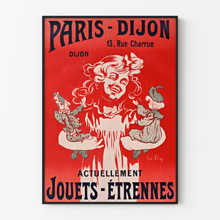 Póster publicitario vintage Paris-Dijon, juguetes y regalos, presentado en un marco fino sobre una pared clara.