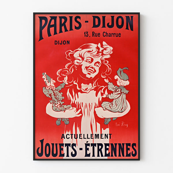 Vintage advertising poster Paris–Dijon, toys and holiday gifts, displayed in a slim frame on a light wall.