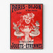 Póster publicitario vintage Paris-Dijon, juguetes y regalos, presentado en un marco fino sobre una pared clara.