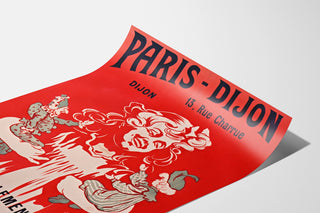 Póster publicitario vintage Paris-Dijon, juguetes y regalos, presentado sobre una hoja curvada, visto en perspectiva.