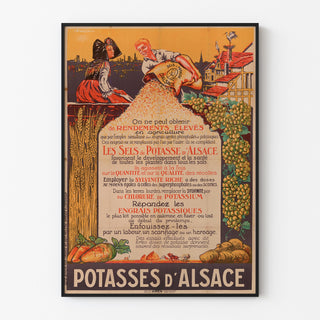 Póster publicitario vintage Potasses d’Alsace, presentado en un marco delgado sobre una pared clara.