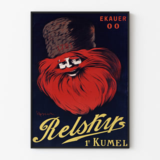 Póster publicitario vintage Relskyr - 1° Kumel, presentado en un marco fino sobre una pared clara.