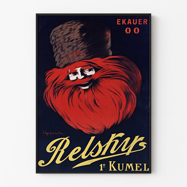 Vintage Relskyr advertisement poster - 1° Kumel, displayed in a slim frame on a light wall.
