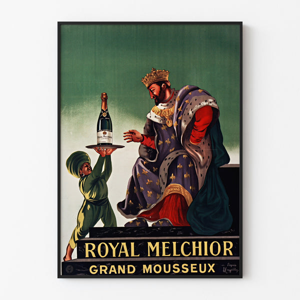 Vintage Royal Melchior advertisement, grand mousseux, displayed in a slim frame on a light wall.