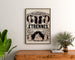 Vintage advertising poster Verdun, statuettes and gifts, framed above a wooden dresser, between plants.