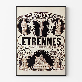 Vintage advertising poster Verdun, statuettes and gifts, displayed in a thin frame on a light wall.