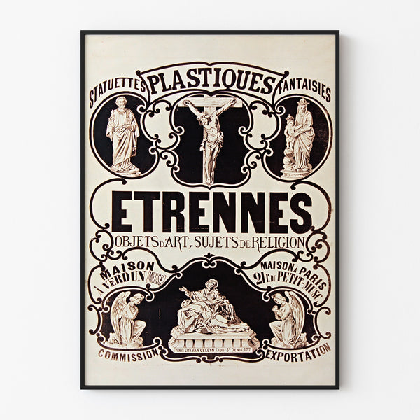 Vintage advertising poster Verdun, statuettes and gifts, displayed in a thin frame on a light wall.