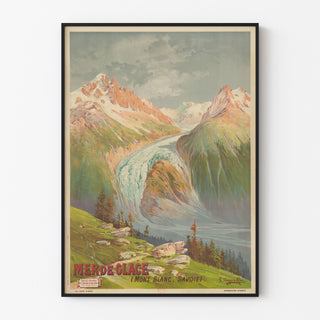 Póster escolar antiguo – Mer de Glace – Hugo d’Alési, presentado en un marco fino sobre una pared clara.