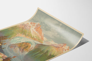 Póster escolar antiguo – Mer de Glace – Hugo d’Alési, presentado sobre una hoja curvada, visto en perspectiva.