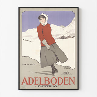 Póster Suiza vintage – Adelboden – Carlo Pellegrini, 1905, presentado en un marco delgado sobre una pared clara.