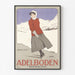 Póster Suiza vintage – Adelboden – Carlo Pellegrini, 1905, presentado en un marco delgado sobre una pared clara.