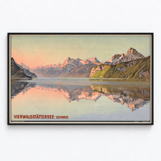 Póster suizo vintage – Lago de los Cuatro Cantones – Jakob Wyss, mostrado en un marco delgado sobre una pared clara.