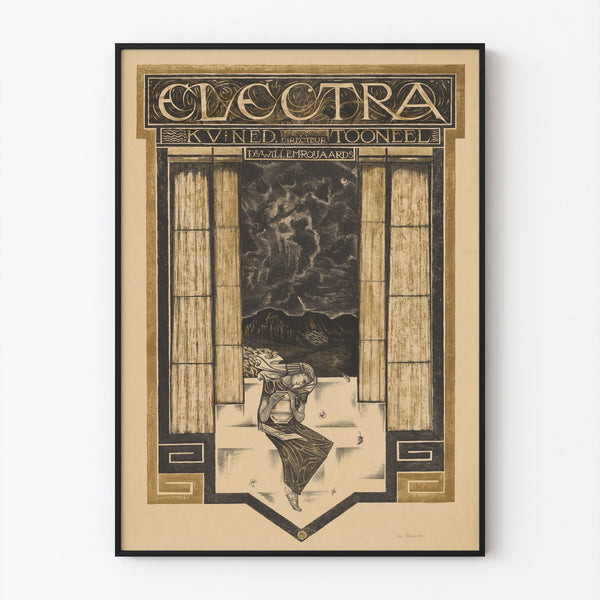 Póster de teatro vintage – Electra – Richard Roland Holst, en un marco fino sobre una pared clara.