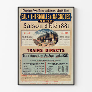 Vintage travel poster – Bagnoles thermal waters, shown in a slim frame on a light wall.