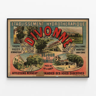 Cartel turístico vintage – Divonne — Estancia familiar junto al lago de Ginebra, presentado en un marco delgado sobre una pared clara.