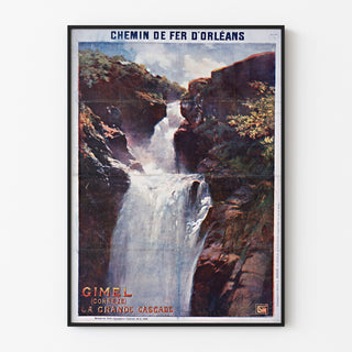Cartel turístico vintage – Gimel, la Gran Cascada, presentado en un marco fino sobre una pared clara.