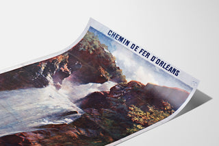 Cartel turístico vintage – Gimel, la Gran Cascada, colocado sobre una lámina curvada, visto en perspectiva.