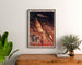 Vintage tourist poster – Grottes de Lacave, Rocamadour framed above a wooden dresser between plants.