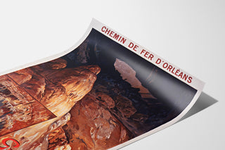 Vintage tourist poster – Grottes de Lacave, Rocamadour displayed on a curled sheet, shown in perspective.